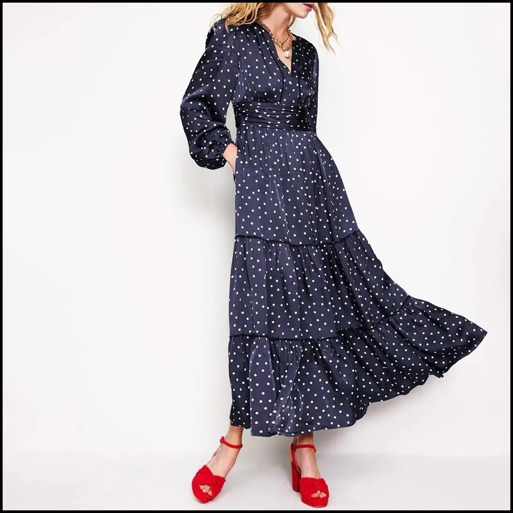 Boden Pippa Navy White Polka Dot Satin Maxi Dress 6 R Wedding Guest Graduation